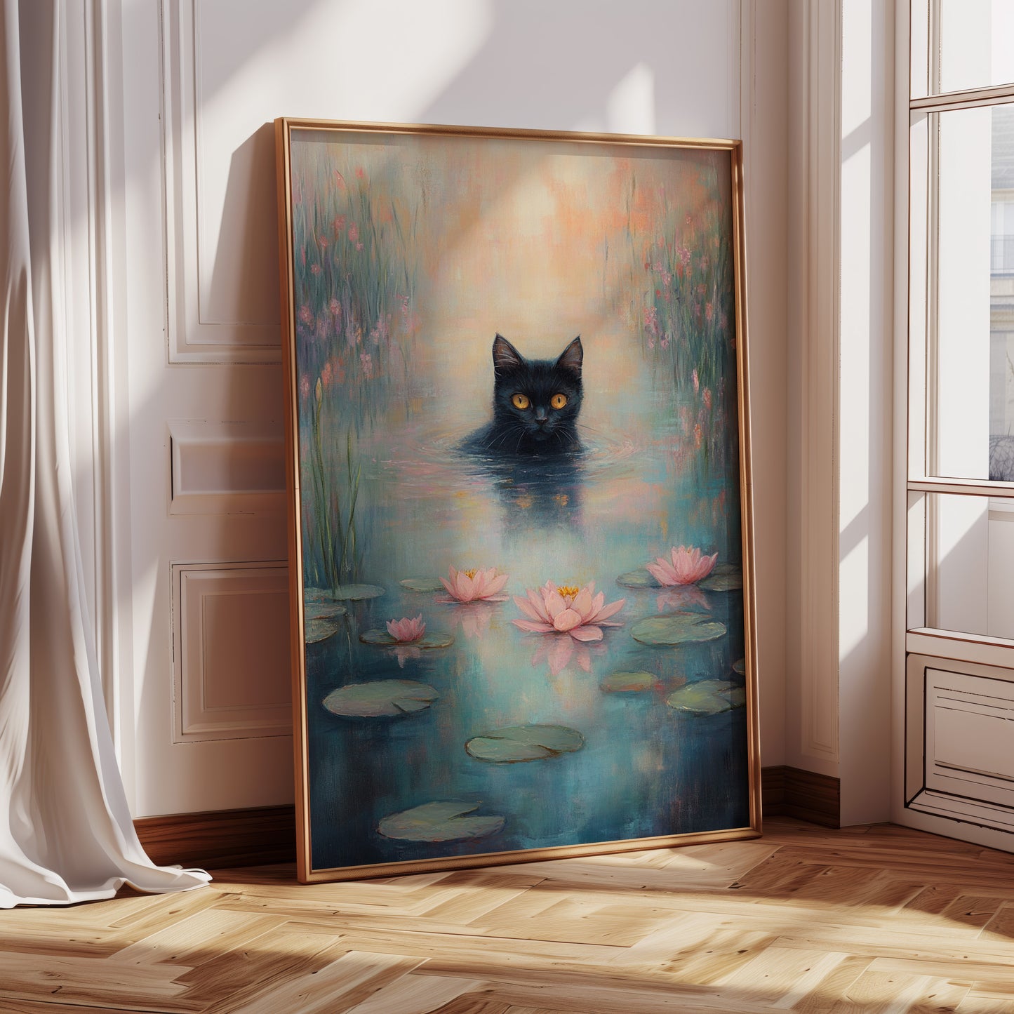 Mystical Black Cat in Water – Dreamy Water Lily Painting