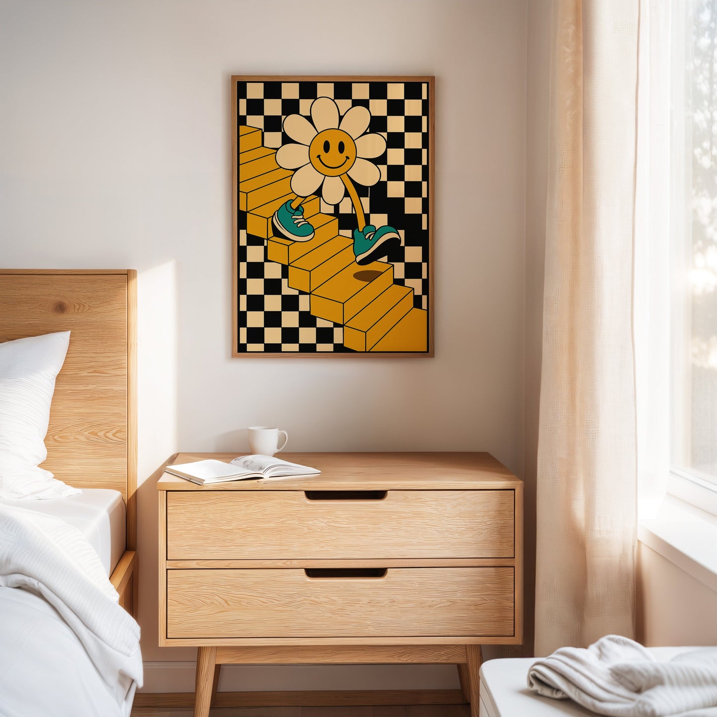 Groovy Daisy Vibes – Retro Checkerboard Flower Print