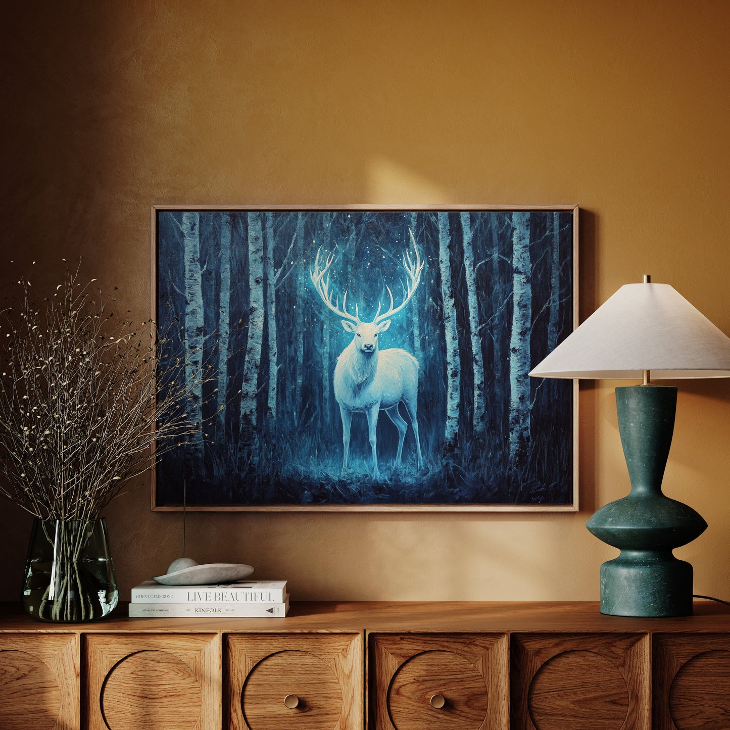 Moonlit Stag Among Birch Trees