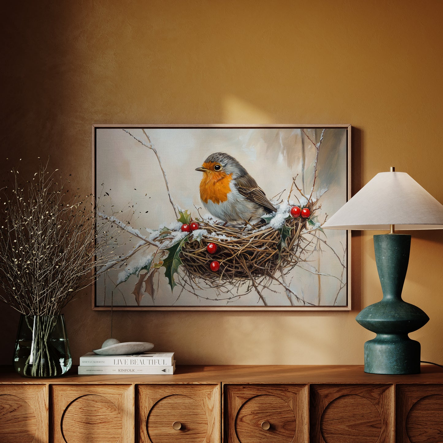 Winter Robin Perches Among Holly