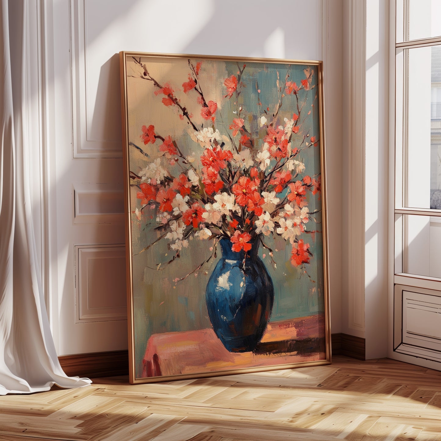 Cherry Blossom Oil Painting – Impressionist Floral Vase Wall Art
