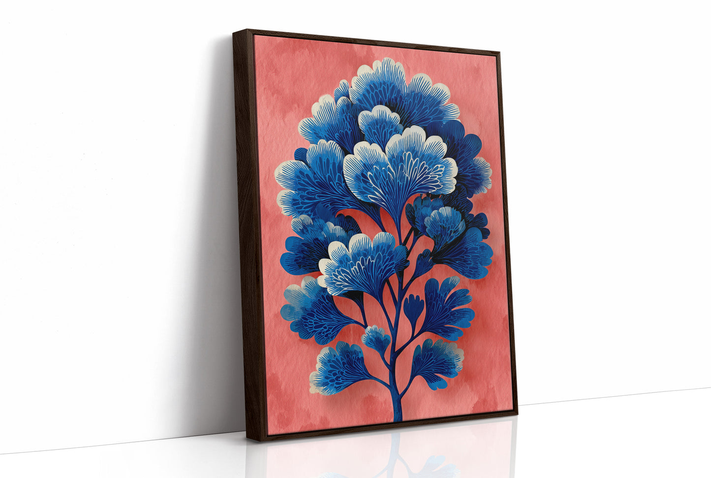 Blue Blooms on a Coral Wall