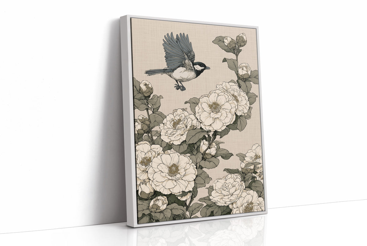 Chickadee Landing Among Camellia Blossoms