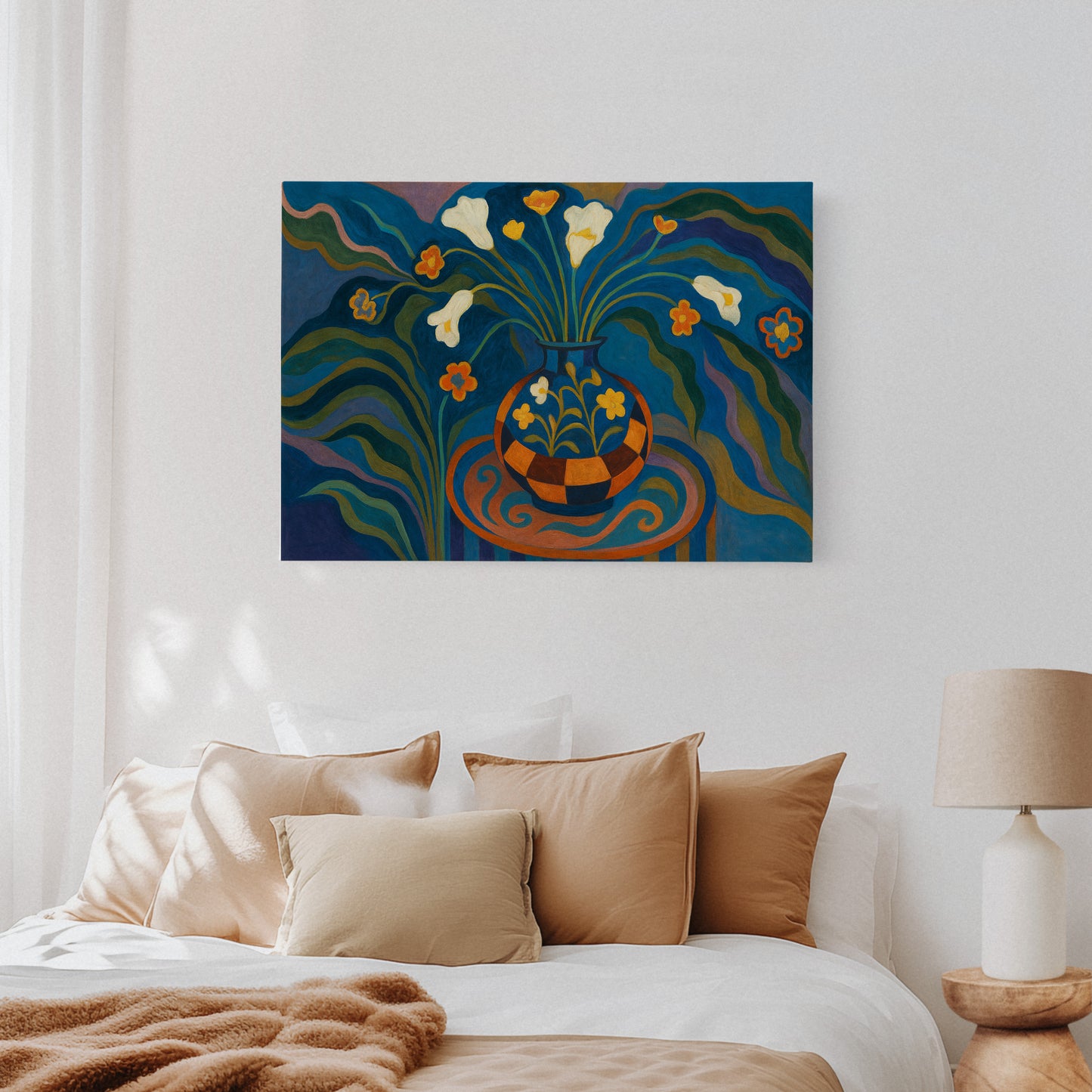 Moonlit Blooms in a Checkered Vase