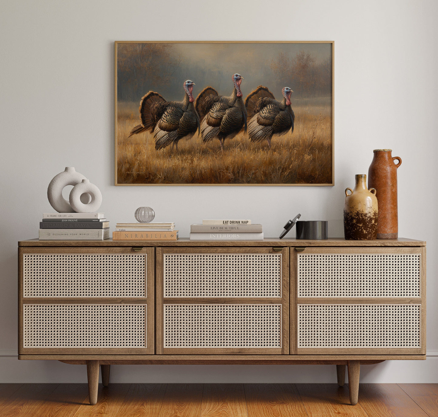 Wild Turkeys March Through Golden Fields