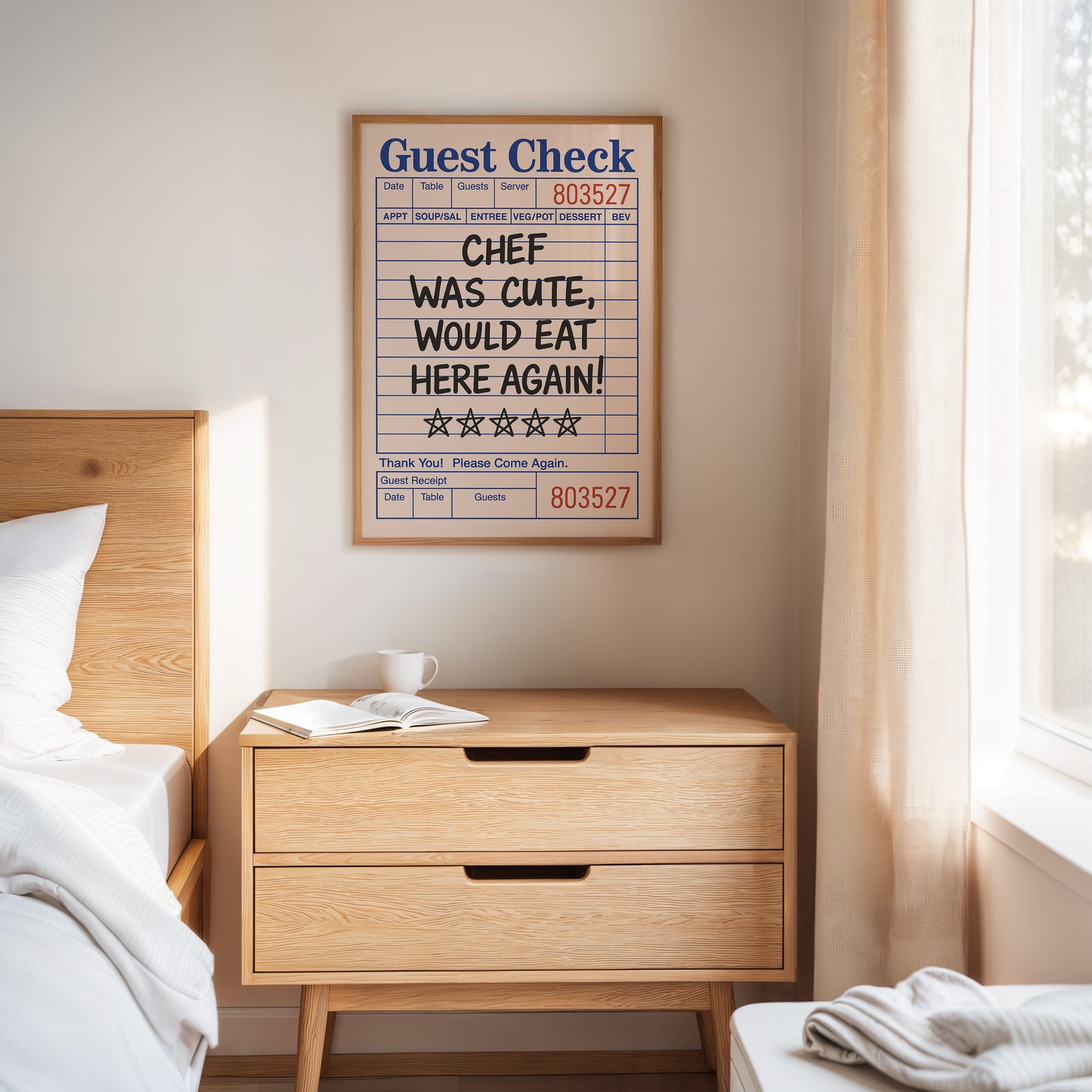 Funny Guest Check Wall Art – “Chef Was Cute” Diner Poster
