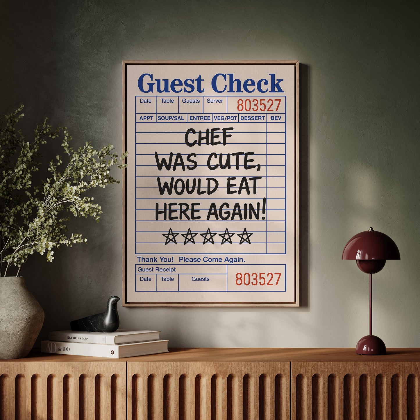 Funny Guest Check Wall Art – “Chef Was Cute” Diner Poster