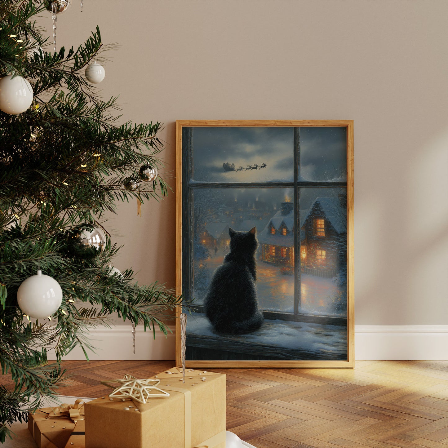 Black Cat Watches Santa's Flight