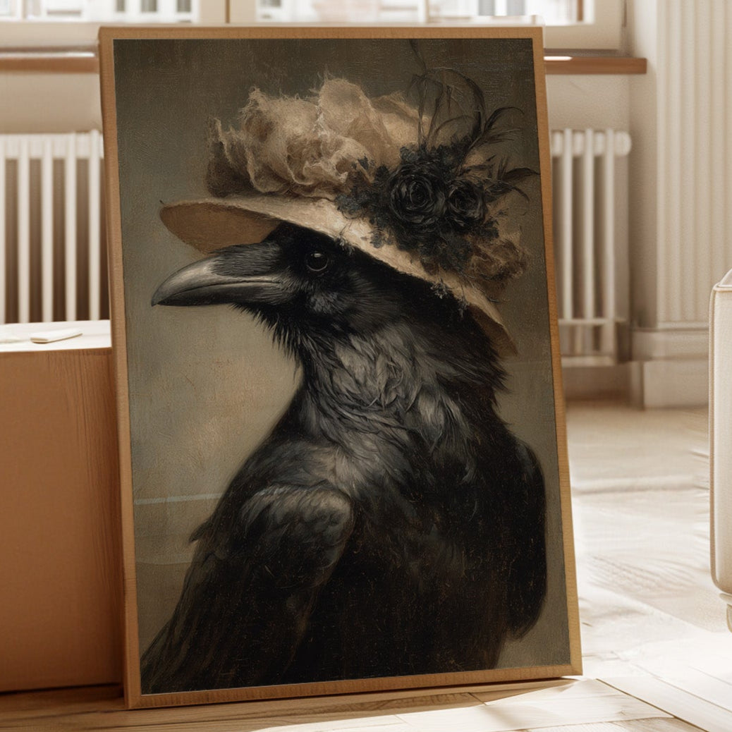 Regal Raven in a Floral Hat