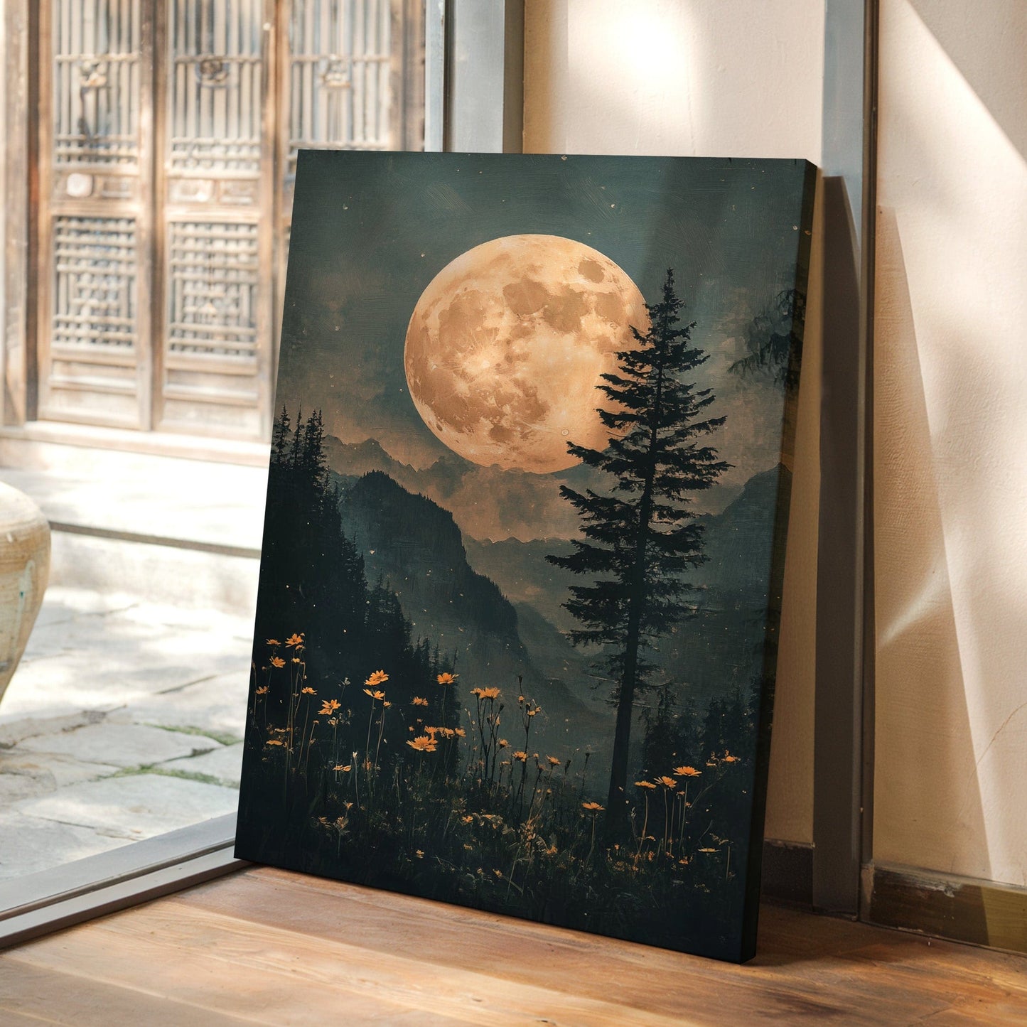 Harvest Moon Forest: Serene Mountain Landscape Canvas Wall Art
