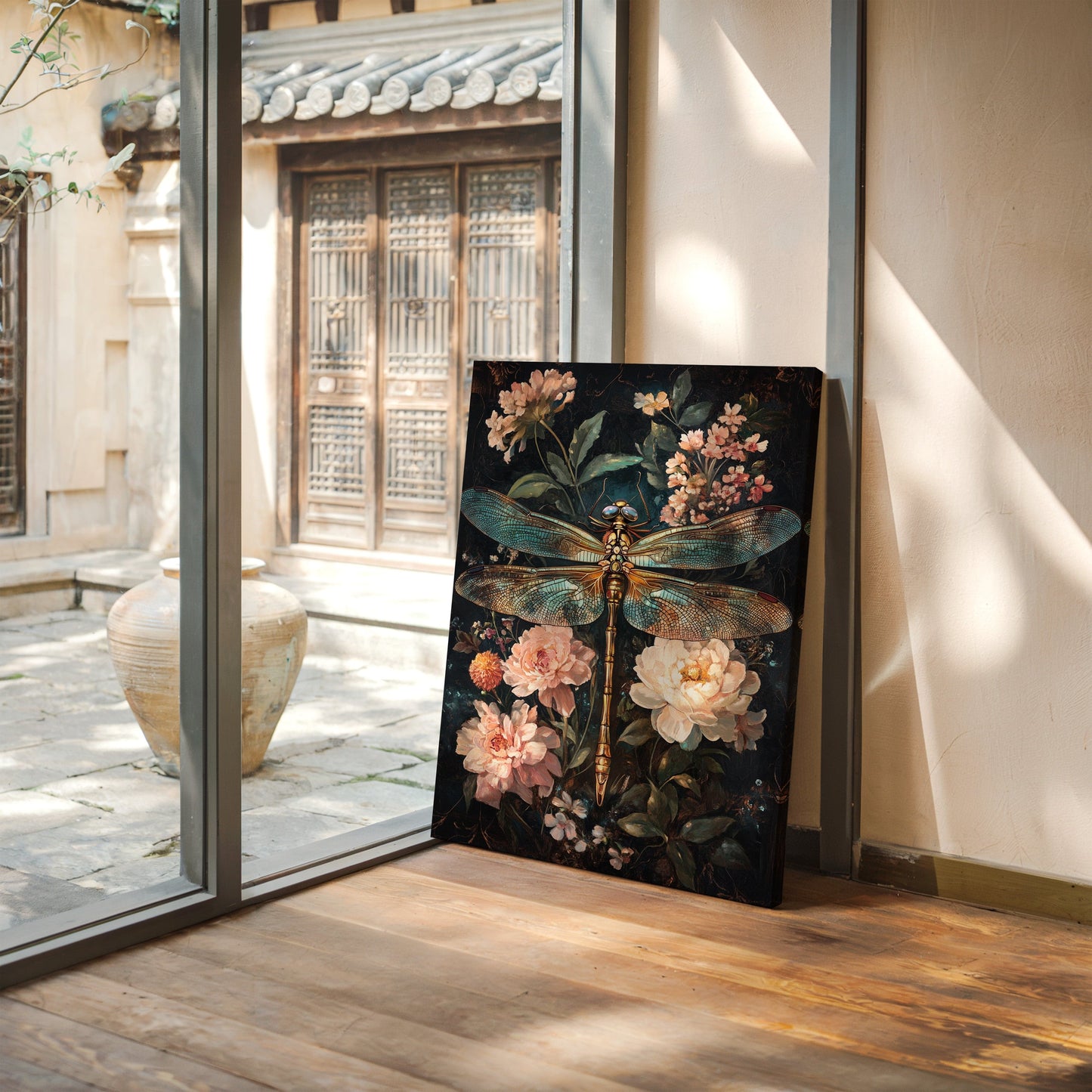 Golden Dragonfly: Dark Floral Baroque Canvas Wall Art