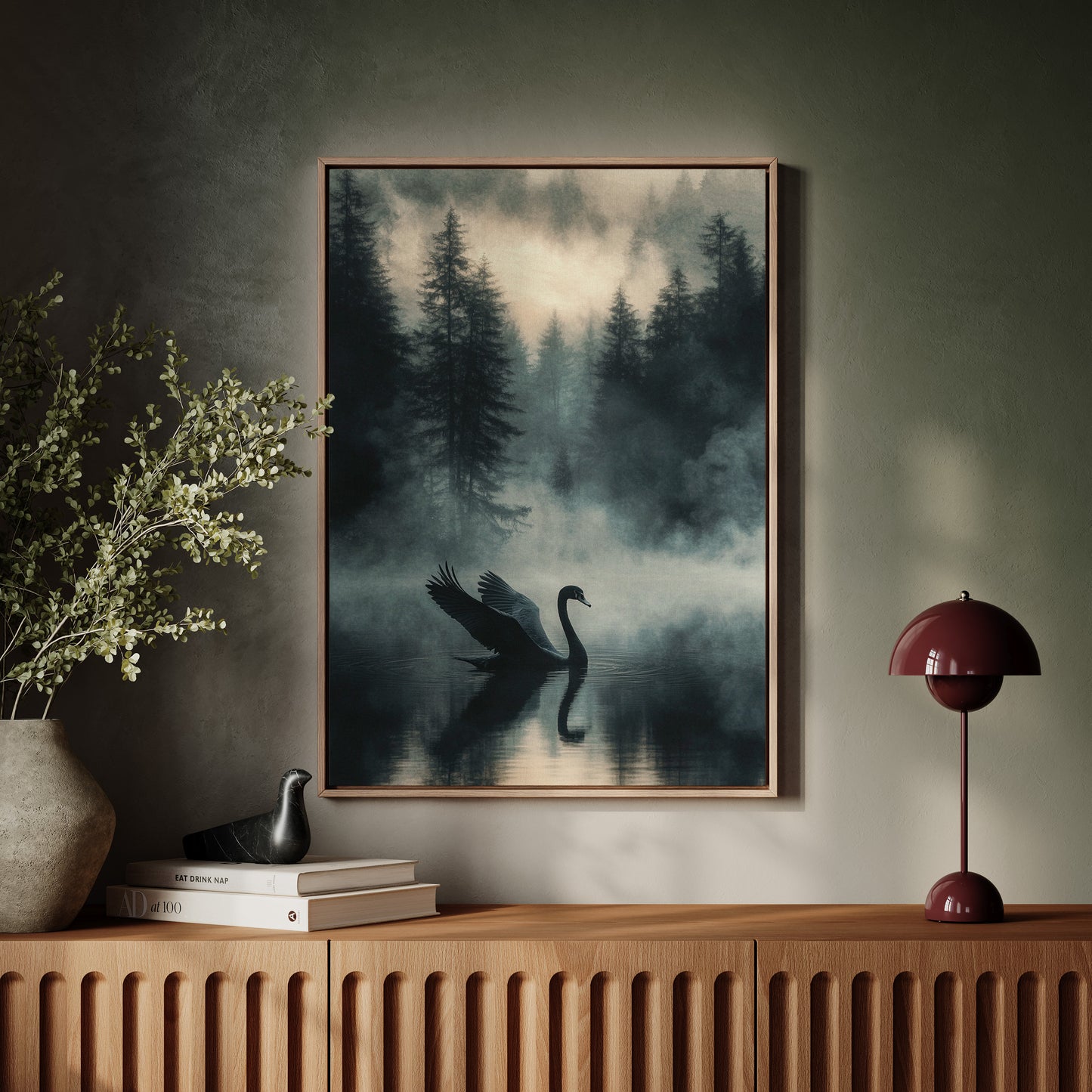 Black Swan in the Forest Mist