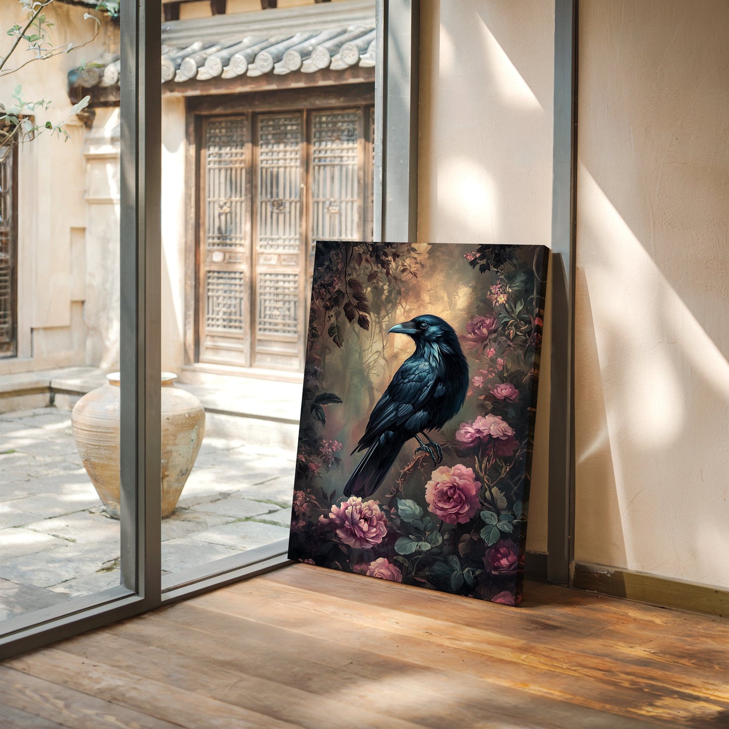Midnight Raven: Gothic Floral Canvas Wall Art