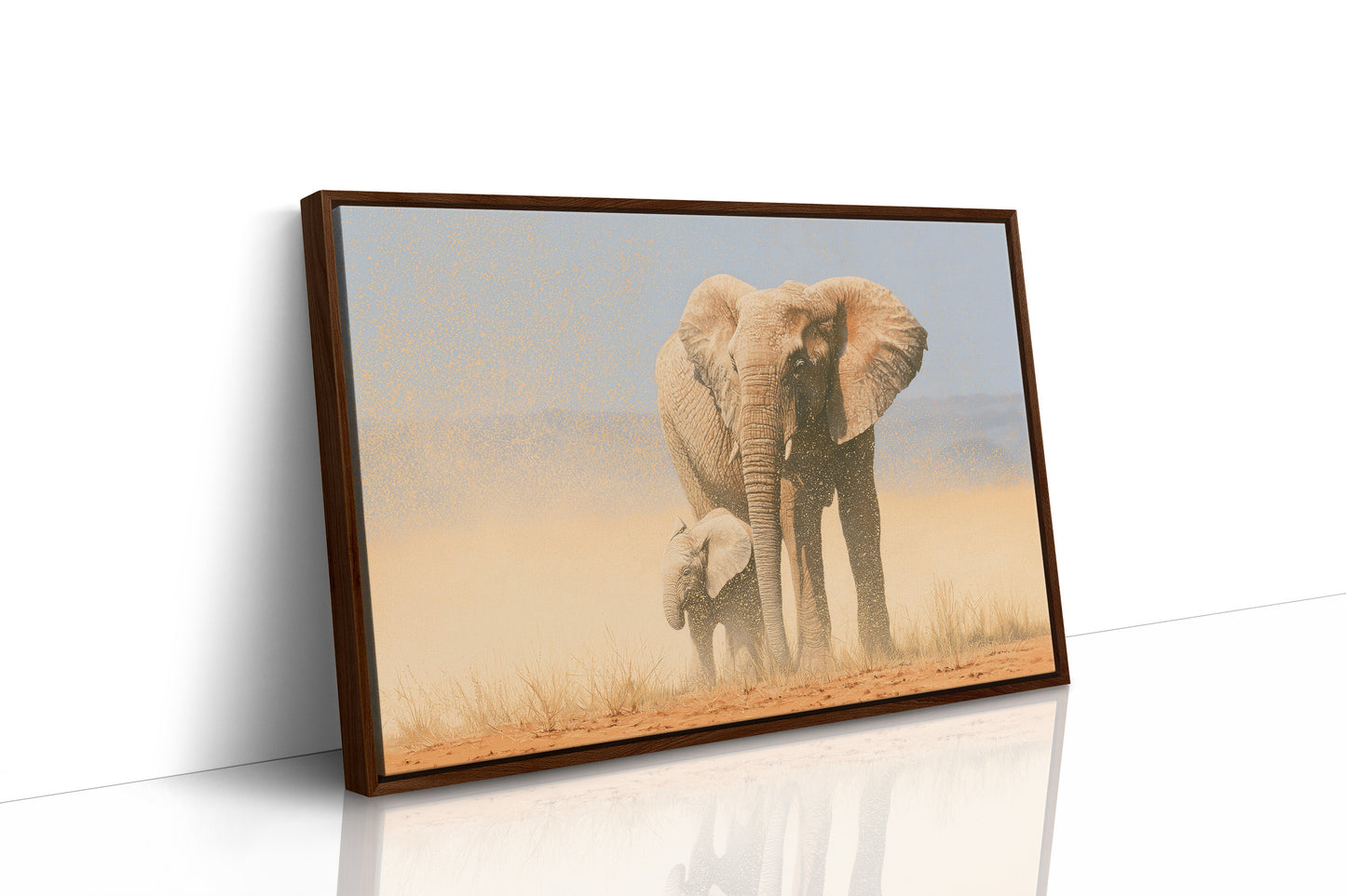 Elephant Mother, Dust and Calf
