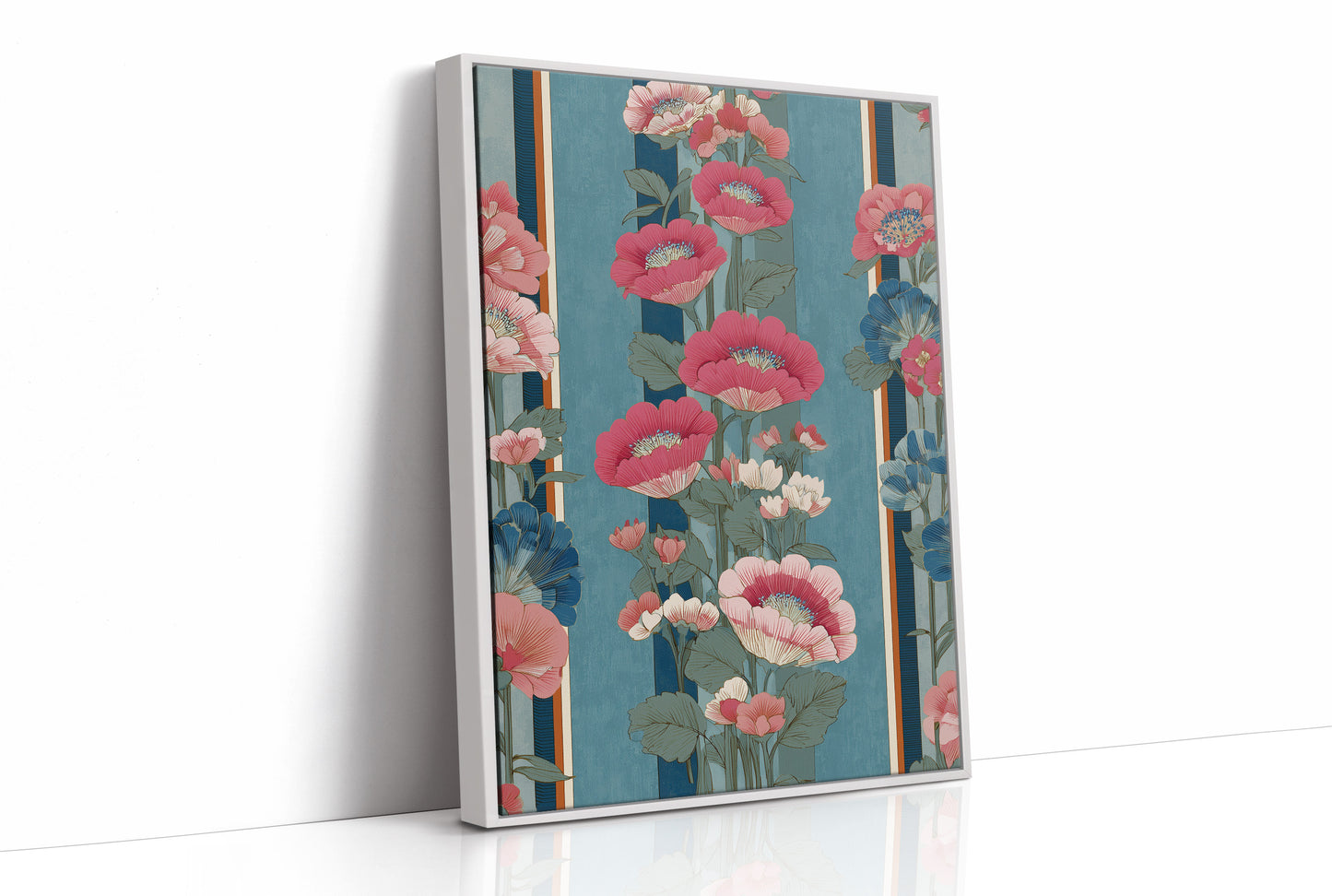 Hot Pink Blooms on Faded Blue