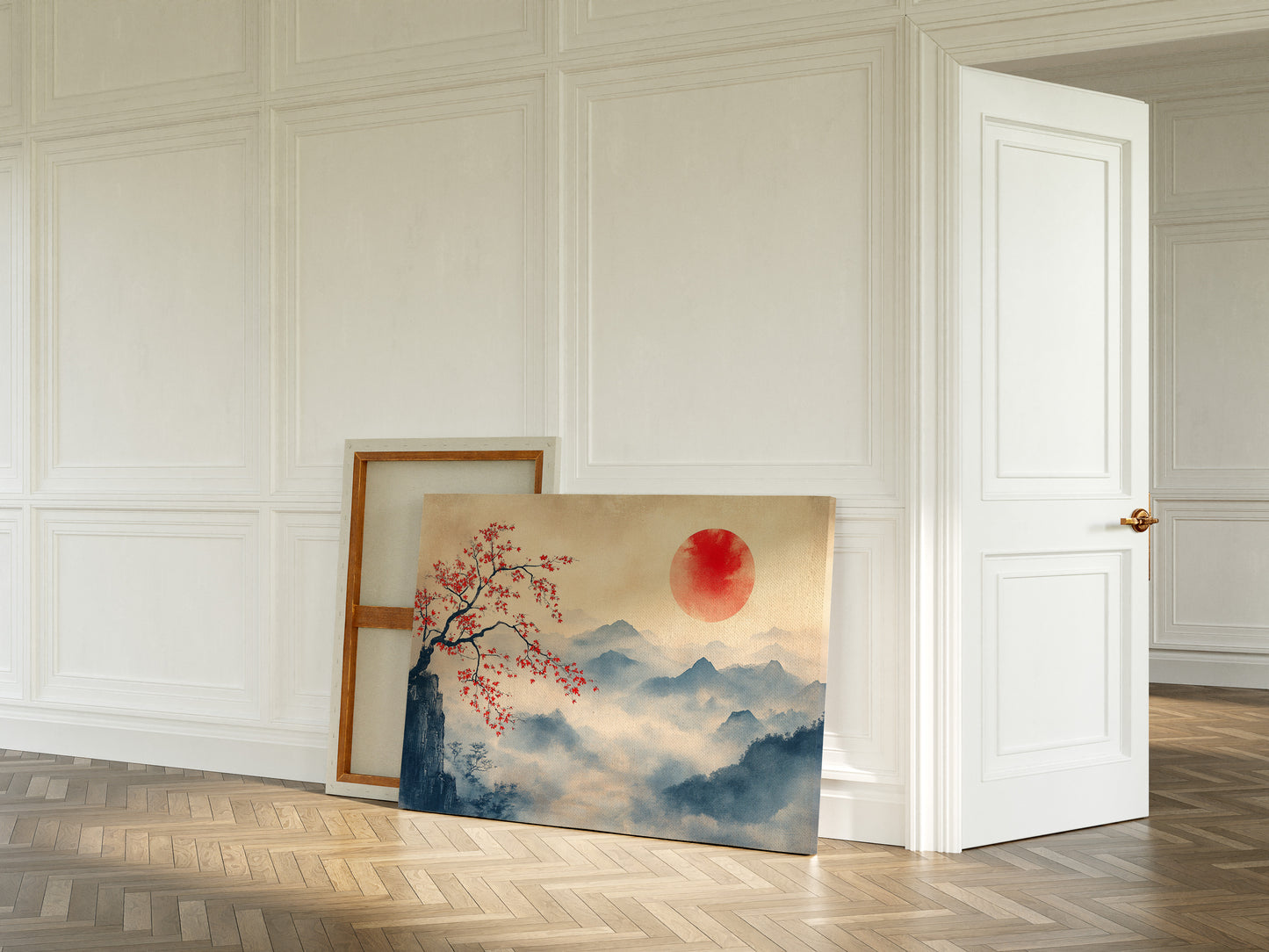 Japanese Red Sun & Misty Mountain Wall Art – Zen Ink Wash Landscape