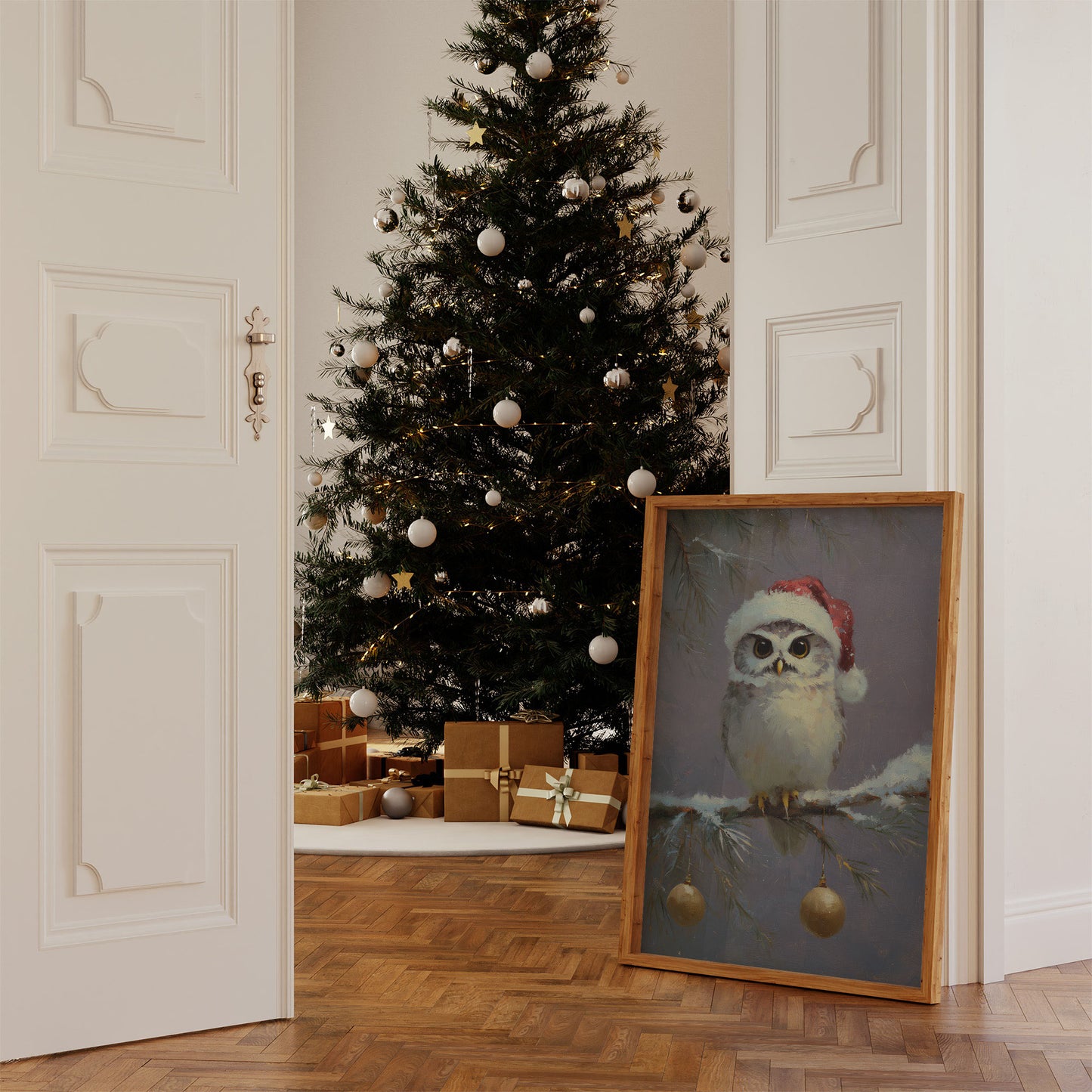 Festive Owl Perches Among Ornaments