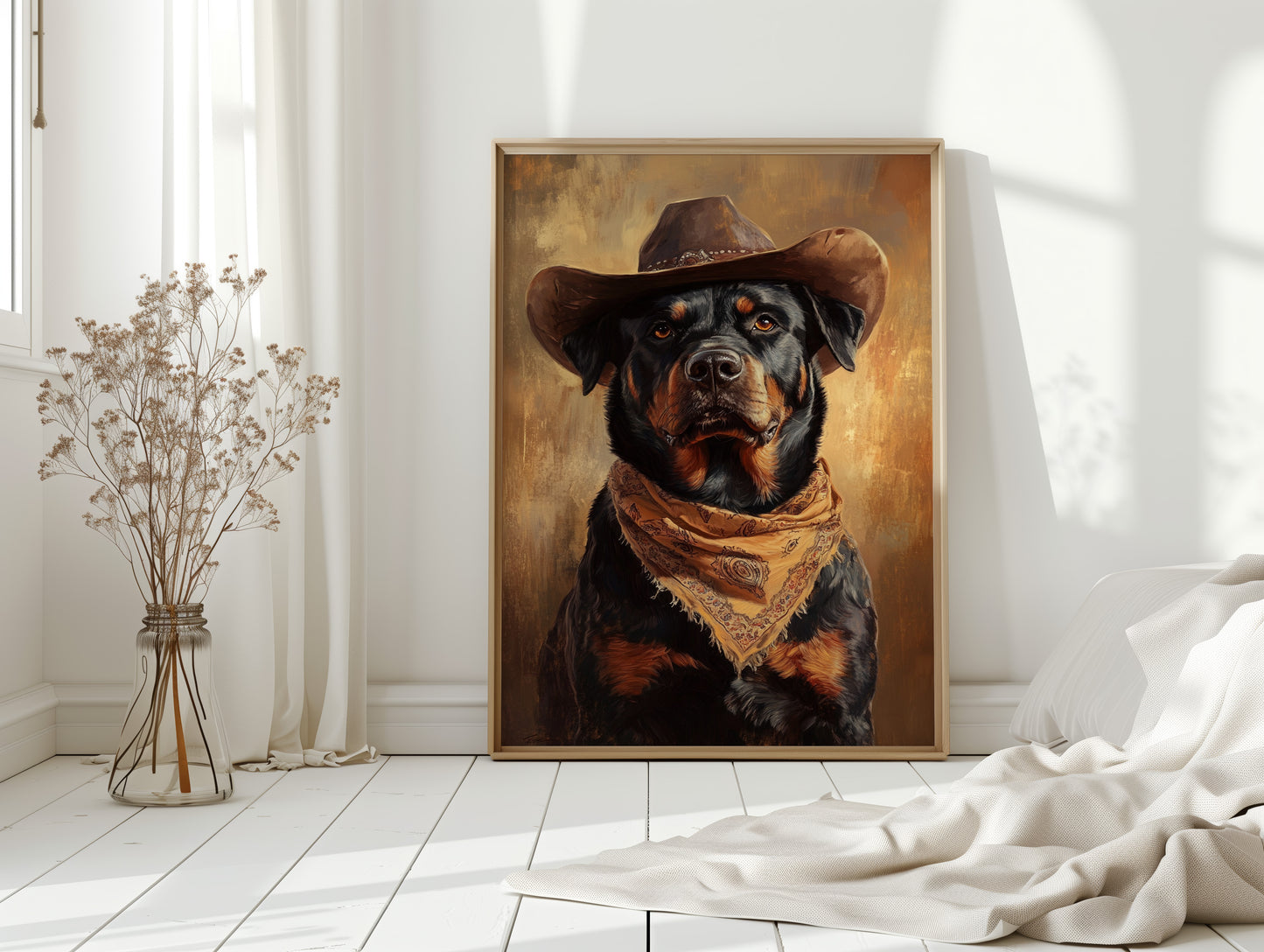 Western Cowboy Rottweiler Print – Rustic Wild West Dog Art
