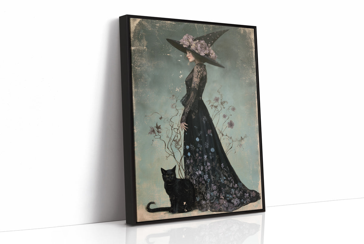 Bloom, Broom, And Feline Backup, print in a black frame