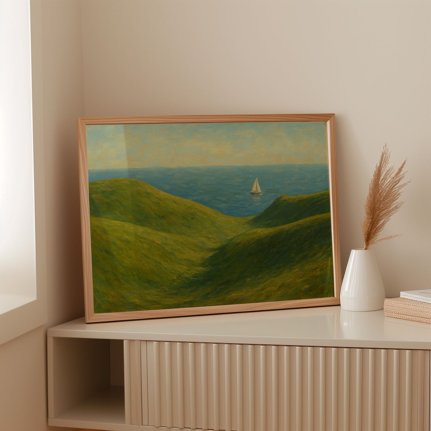 Sailboat Beyond the Green Hills