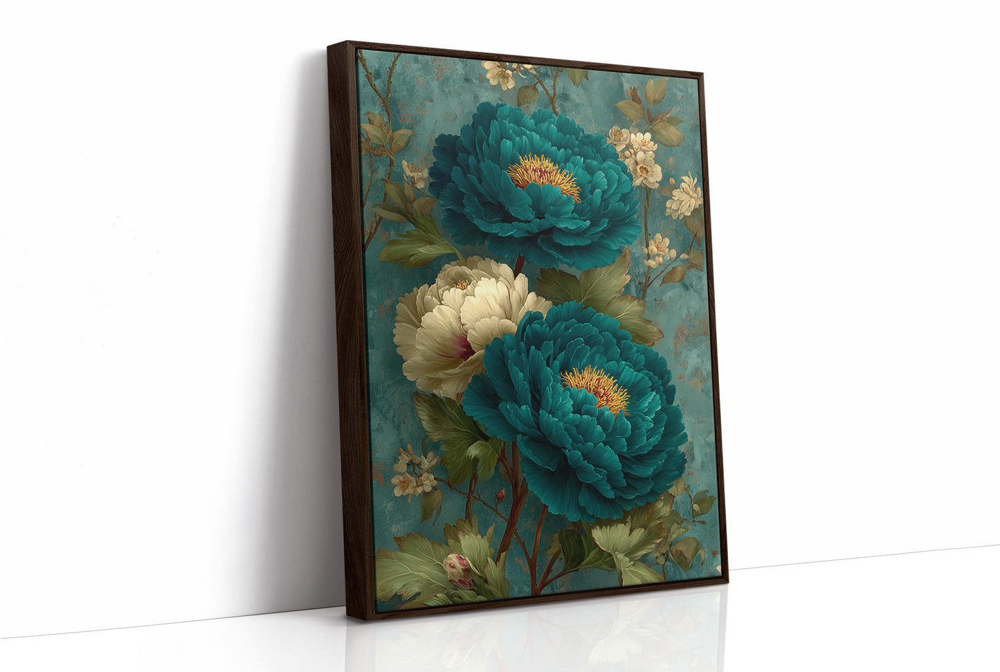 Teal Peonies on a Weathered Wall