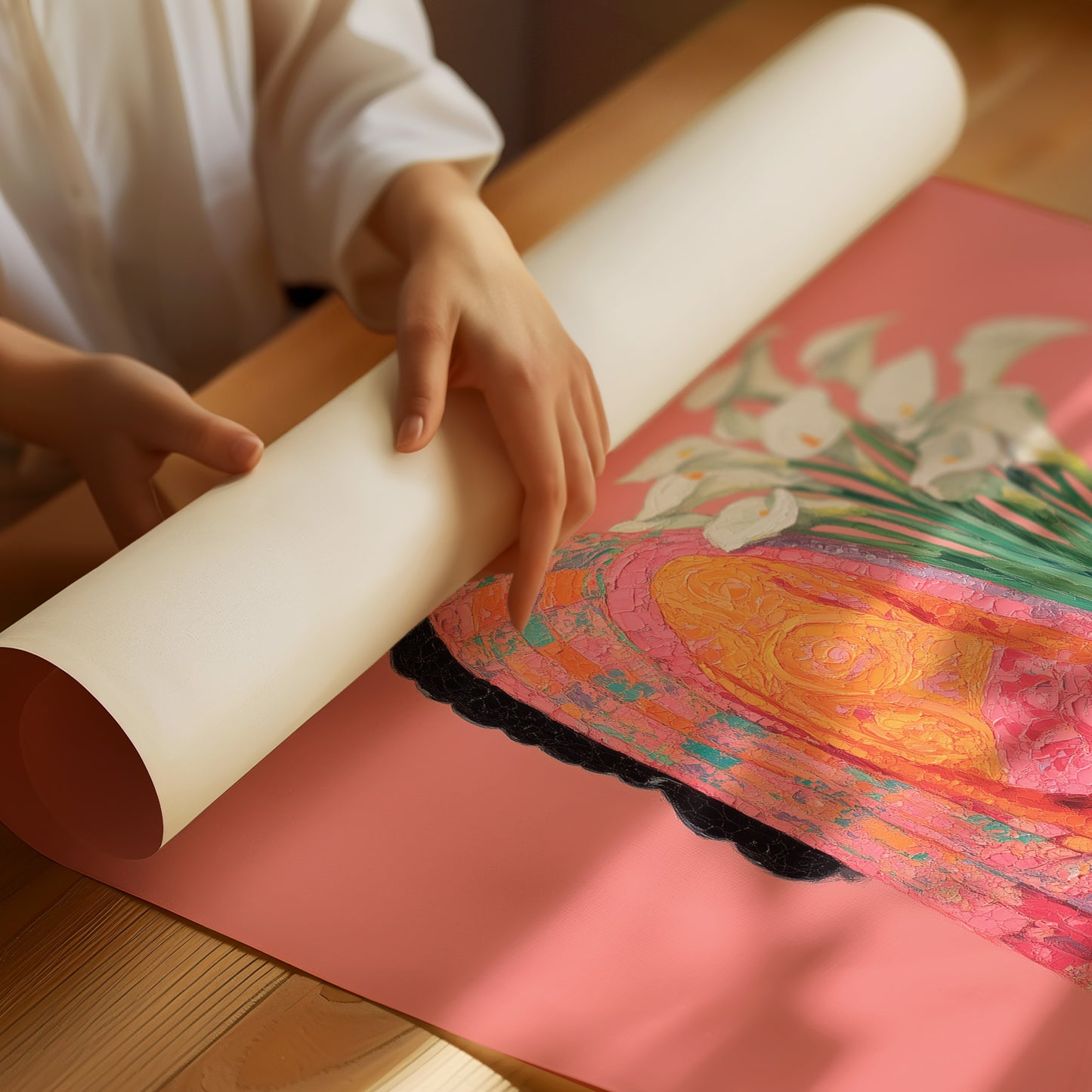 Calla Lilies Among Coral Silk