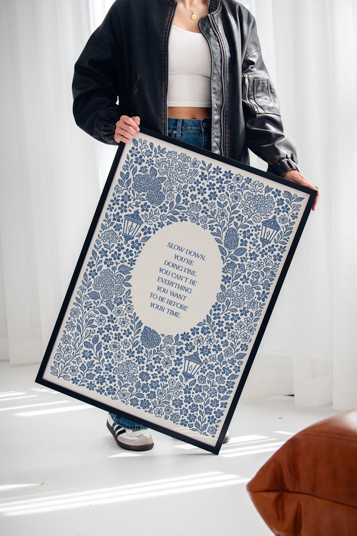 Blue Floral Lantern Quote Print – Slow Down, You’re Doing Fine