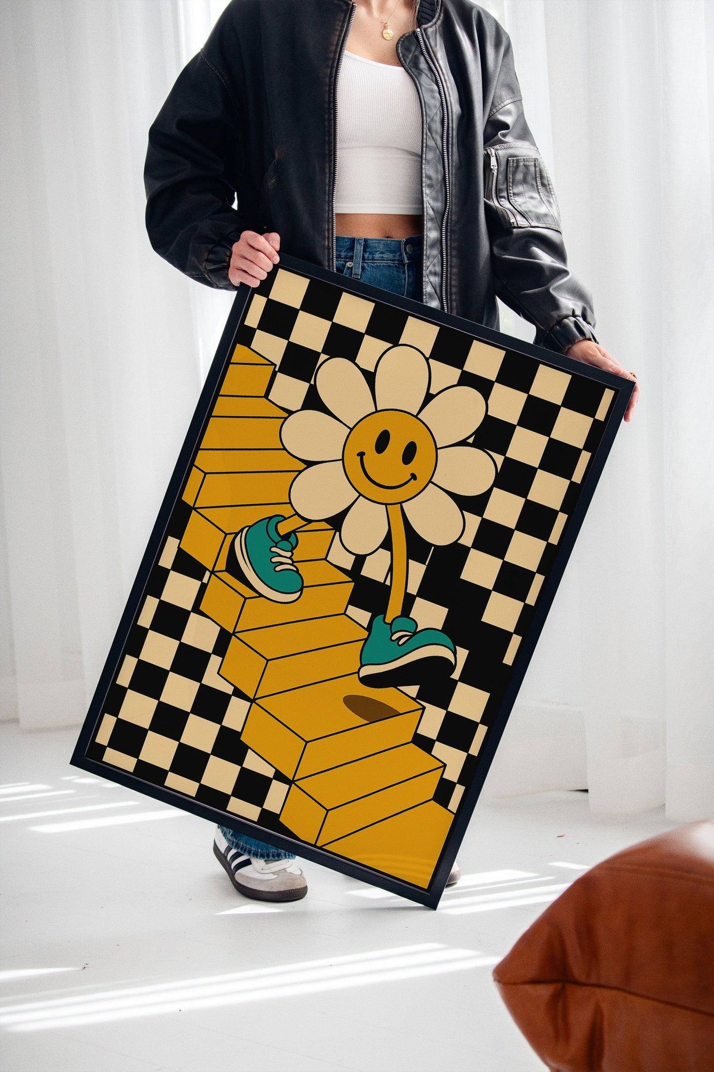 Groovy Daisy Vibes – Retro Checkerboard Flower Print