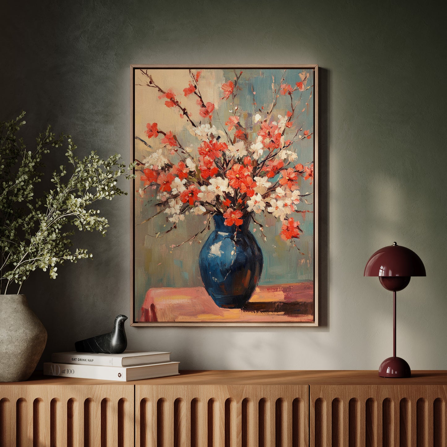 Cherry Blossom Oil Painting – Impressionist Floral Vase Wall Art