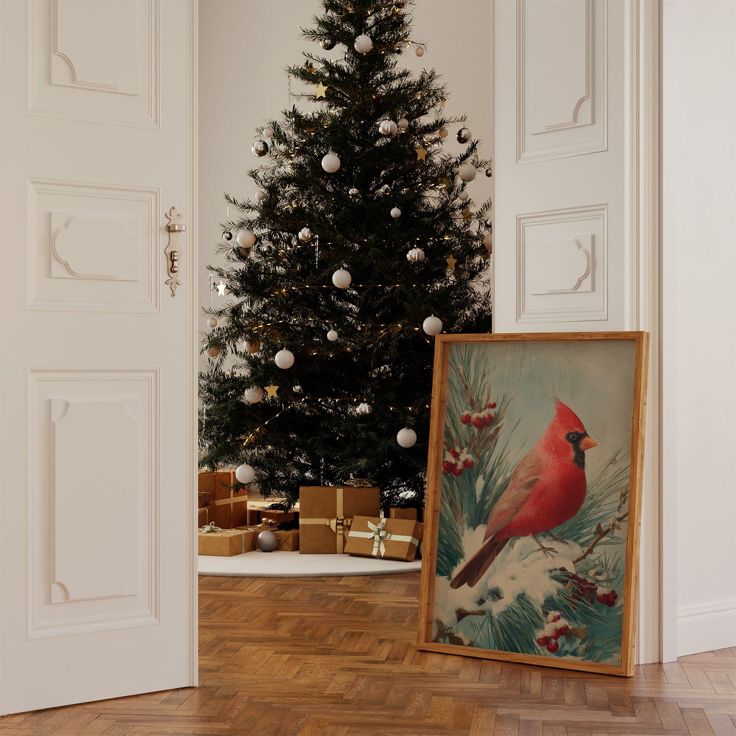 Crimson Wings Against Winter Pine