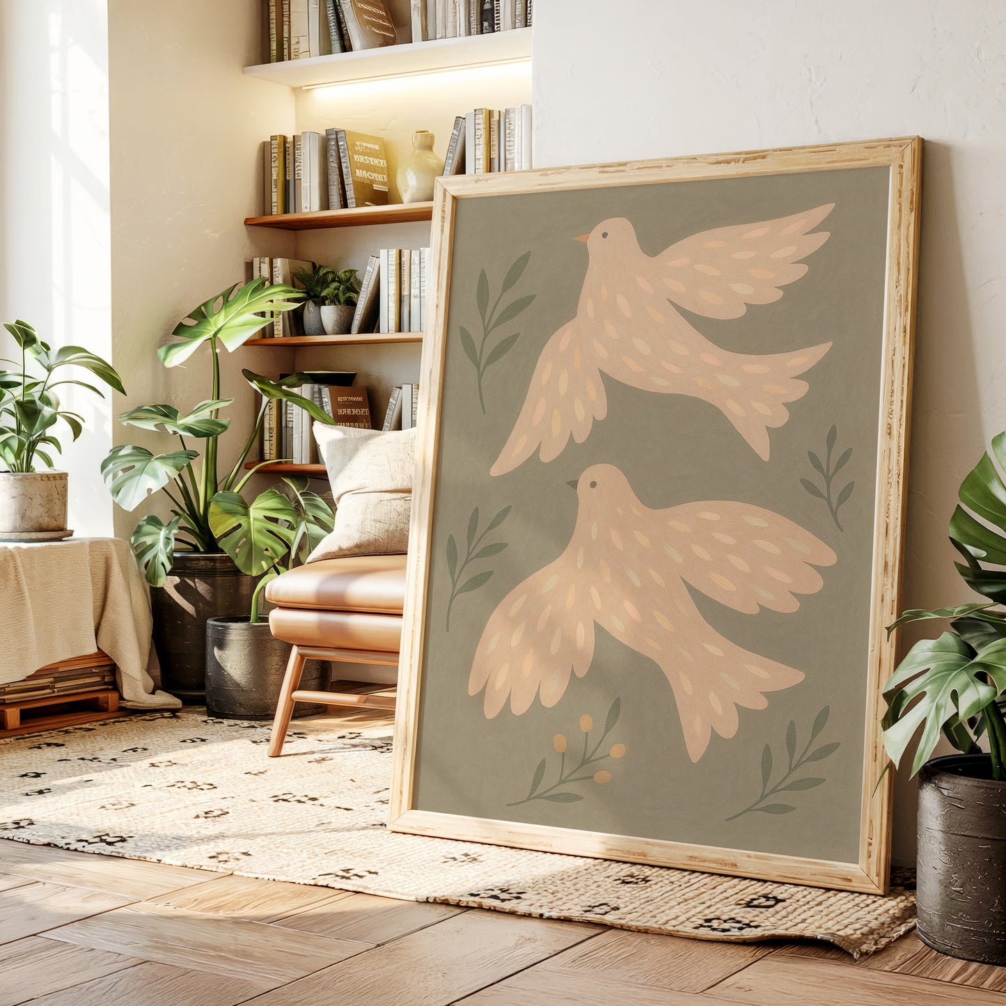 Blush Doves in Olive Sky