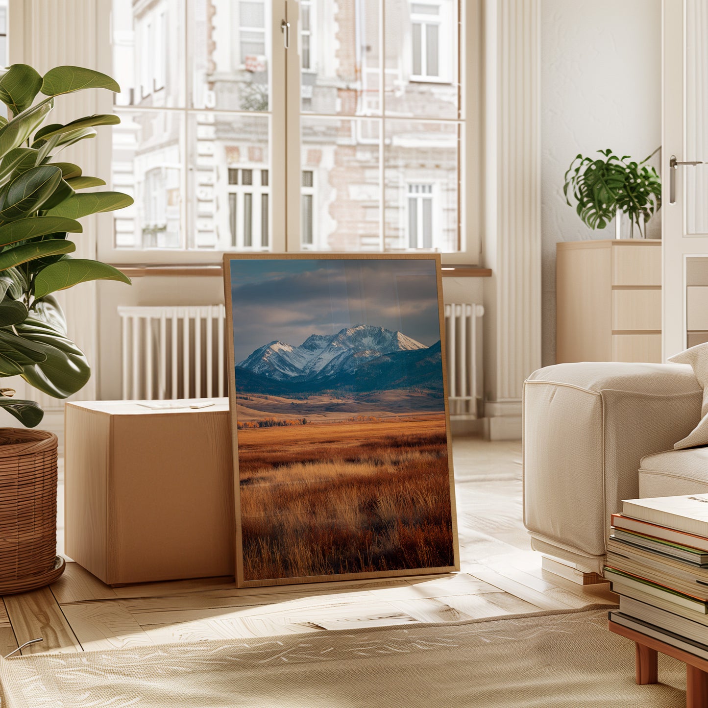 Golden Grasses Beneath Snowy Peaks