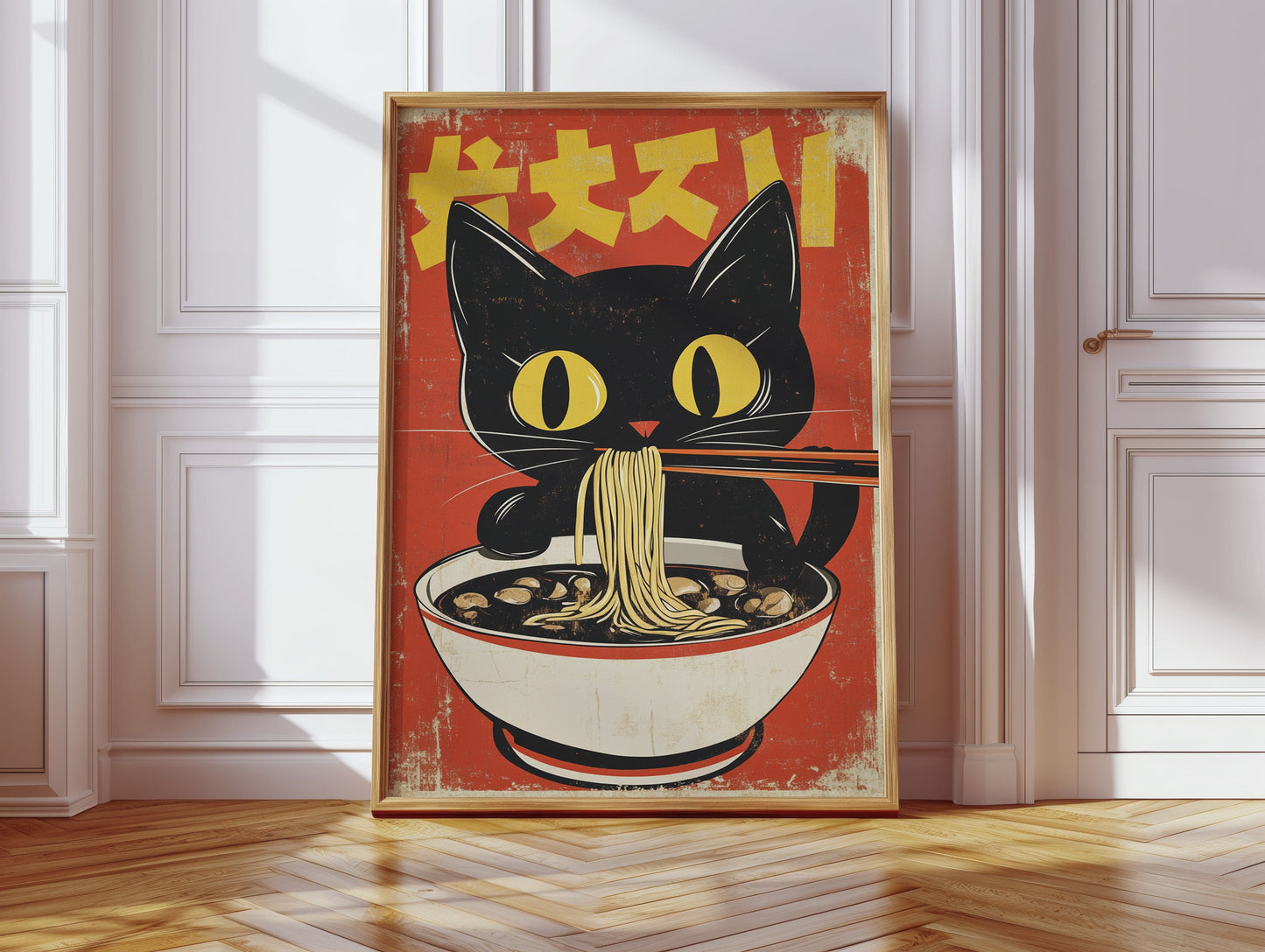 Retro Ramen Cat Poster – Japanese-Inspired Noodle Lover Wall Art