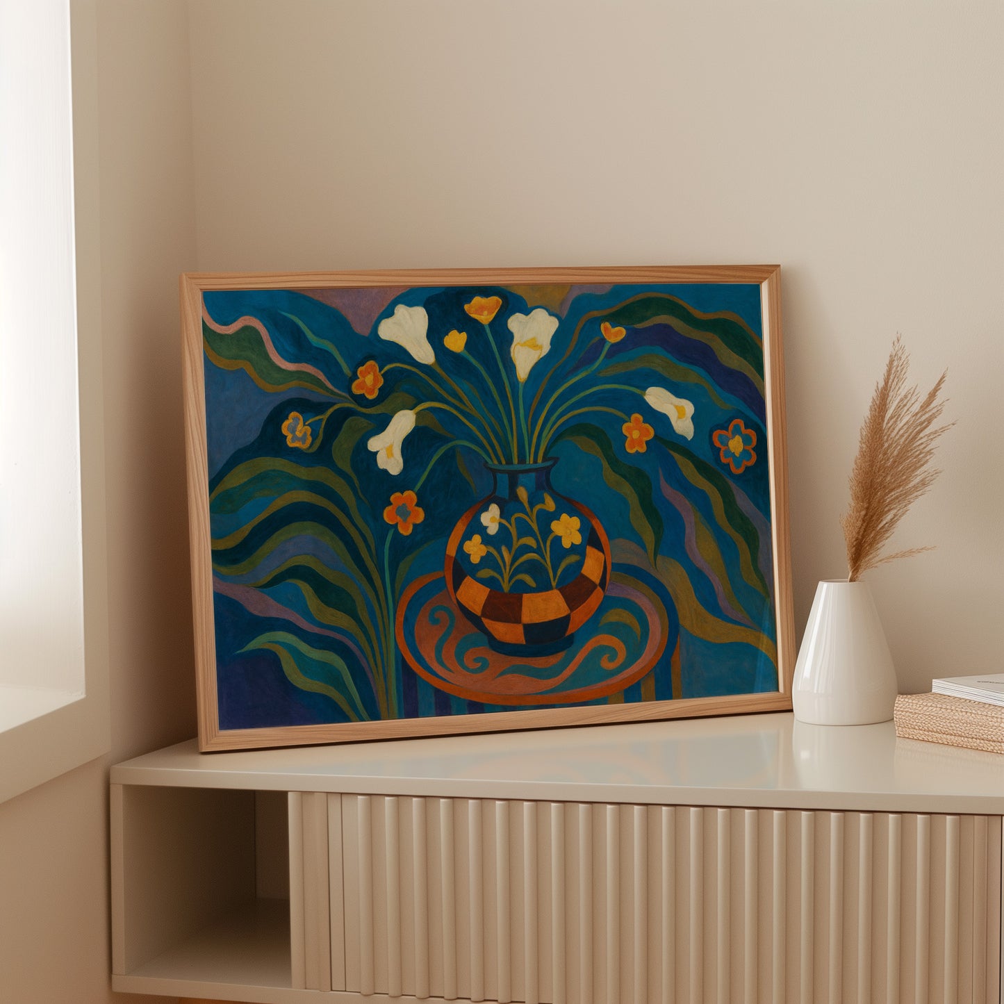 Moonlit Blooms in a Checkered Vase