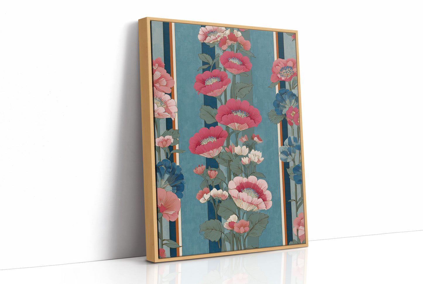 Hot Pink Blooms on Faded Blue