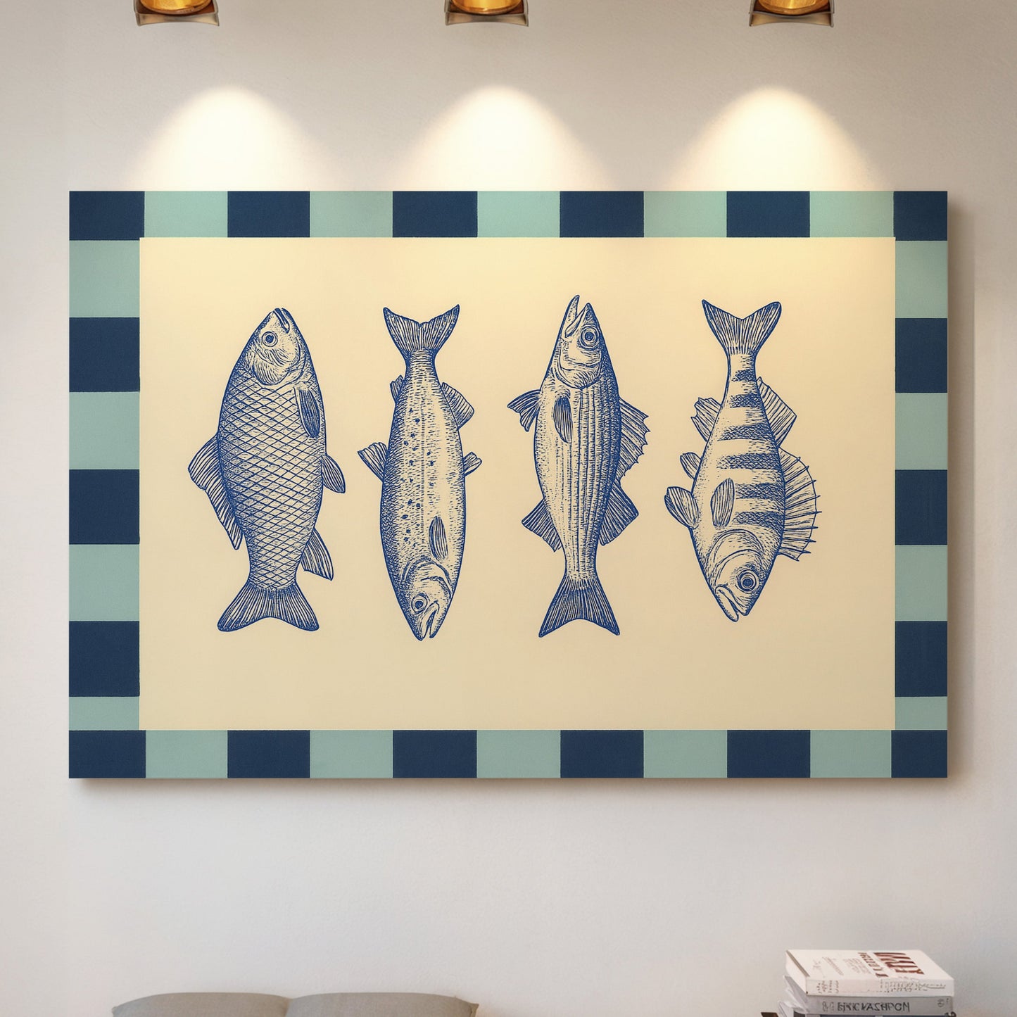 Vintage Fish Quartet on Checkerboard Blue