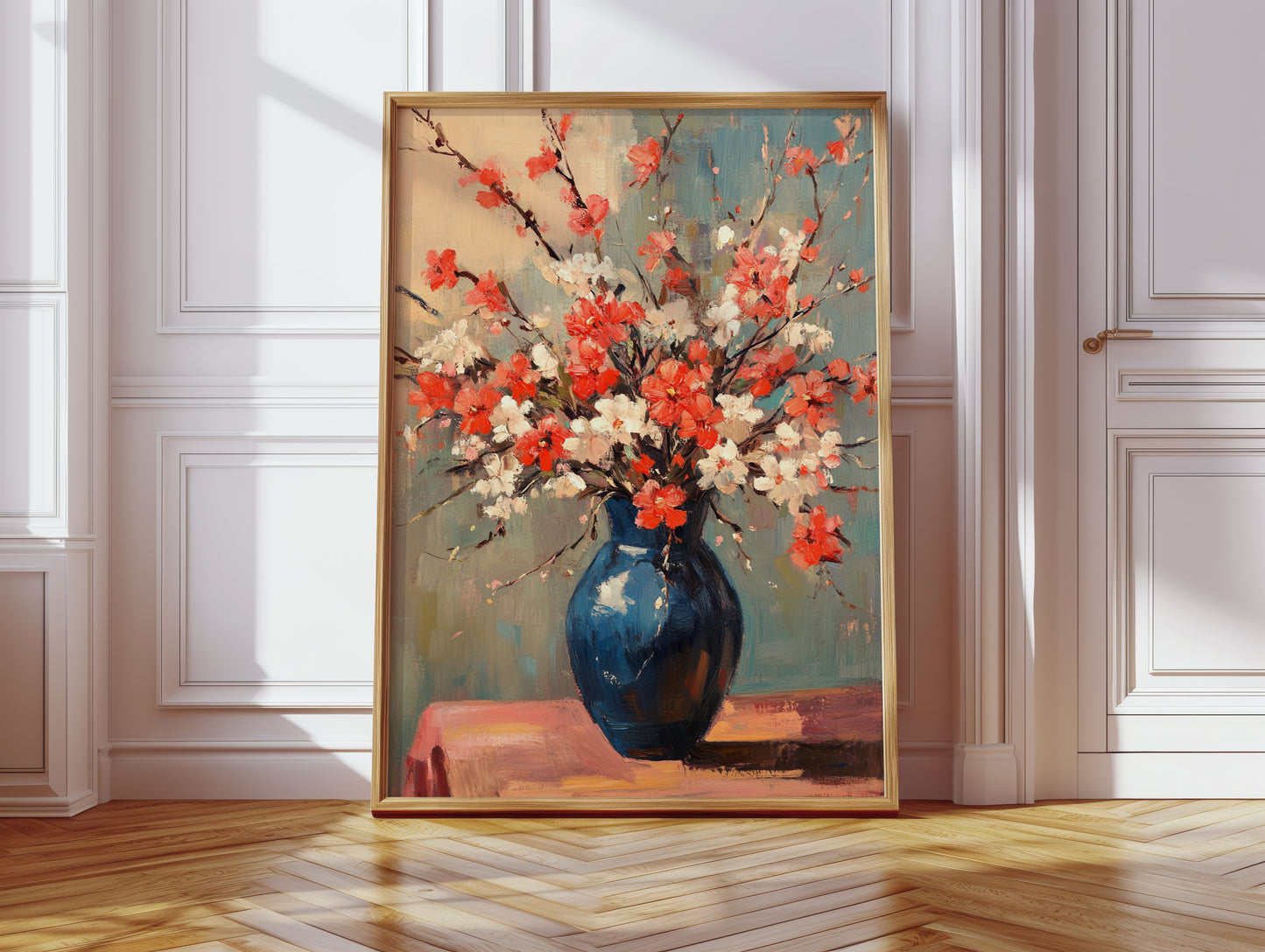Cherry Blossom Oil Painting – Impressionist Floral Vase Wall Art