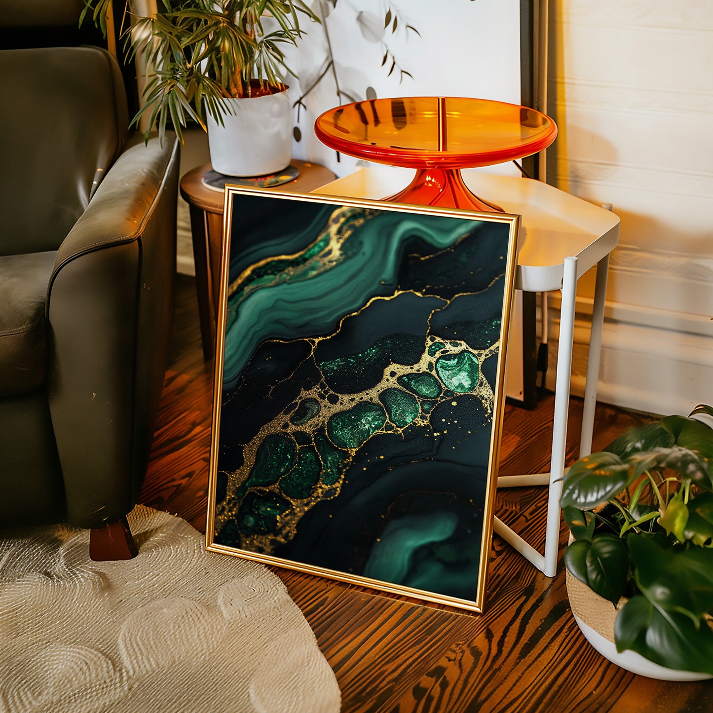 Gilded Cells in Deep Emerald Flow