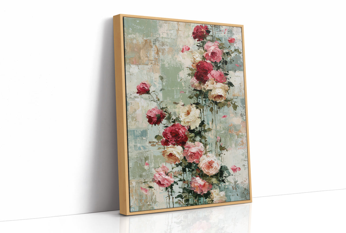 Climbing Roses on Plaster — Crimson Drip Impasto Painting