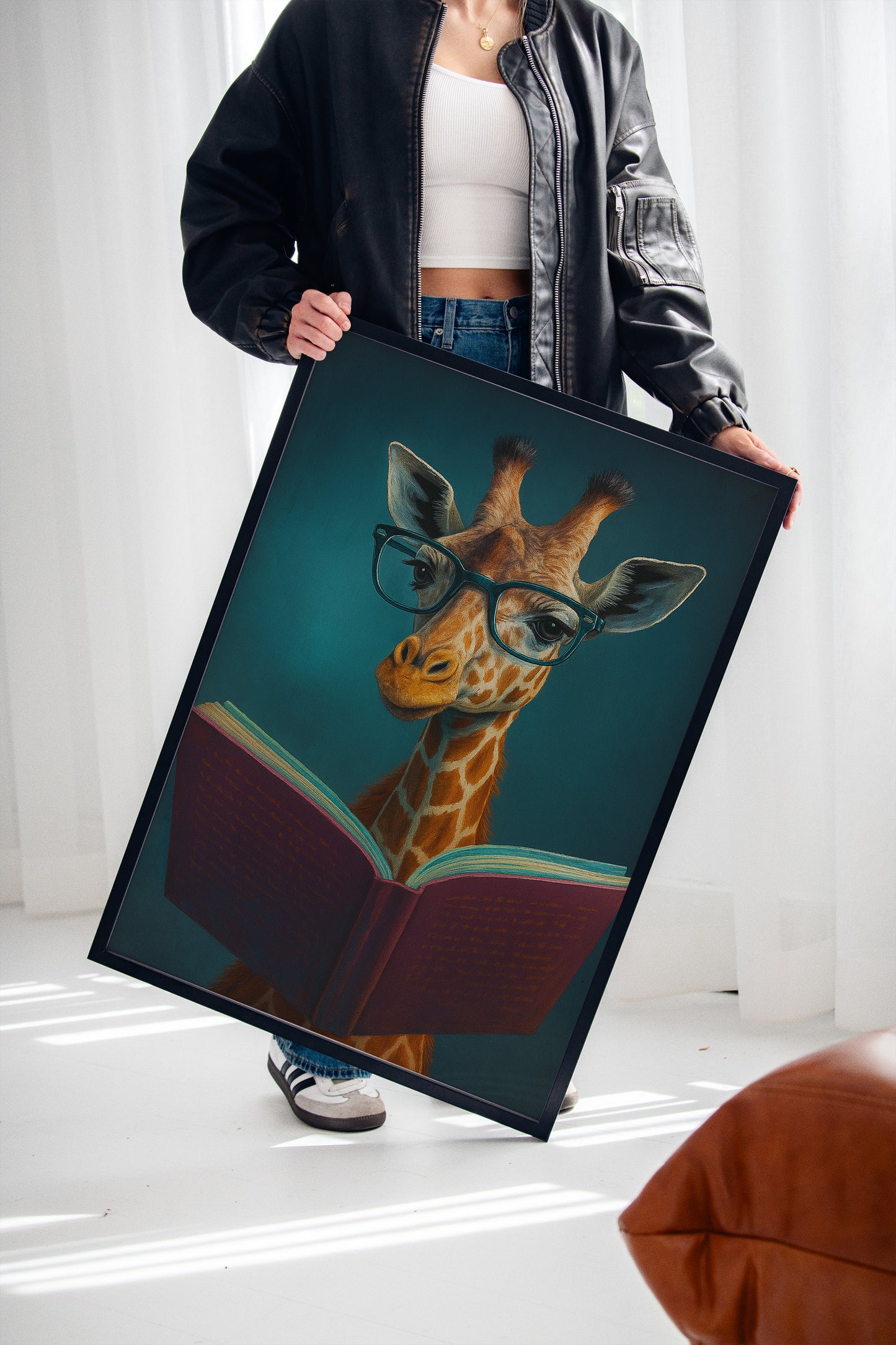 Giraffe with Glasses Reading a Book