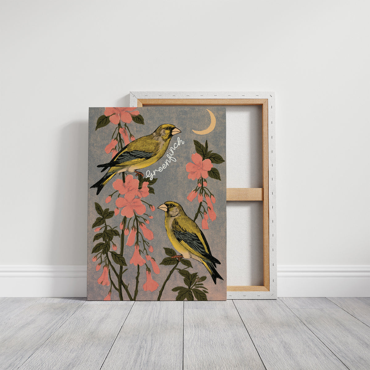Greenfinches Beneath a Crescent Moon