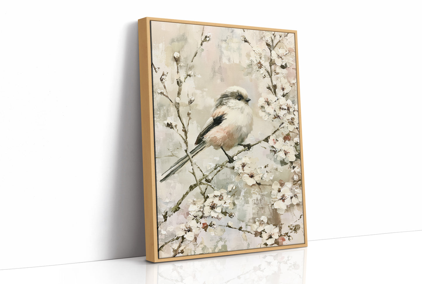 Long-Tailed Tit in Cherry Blossoms — Impasto Bird Painting