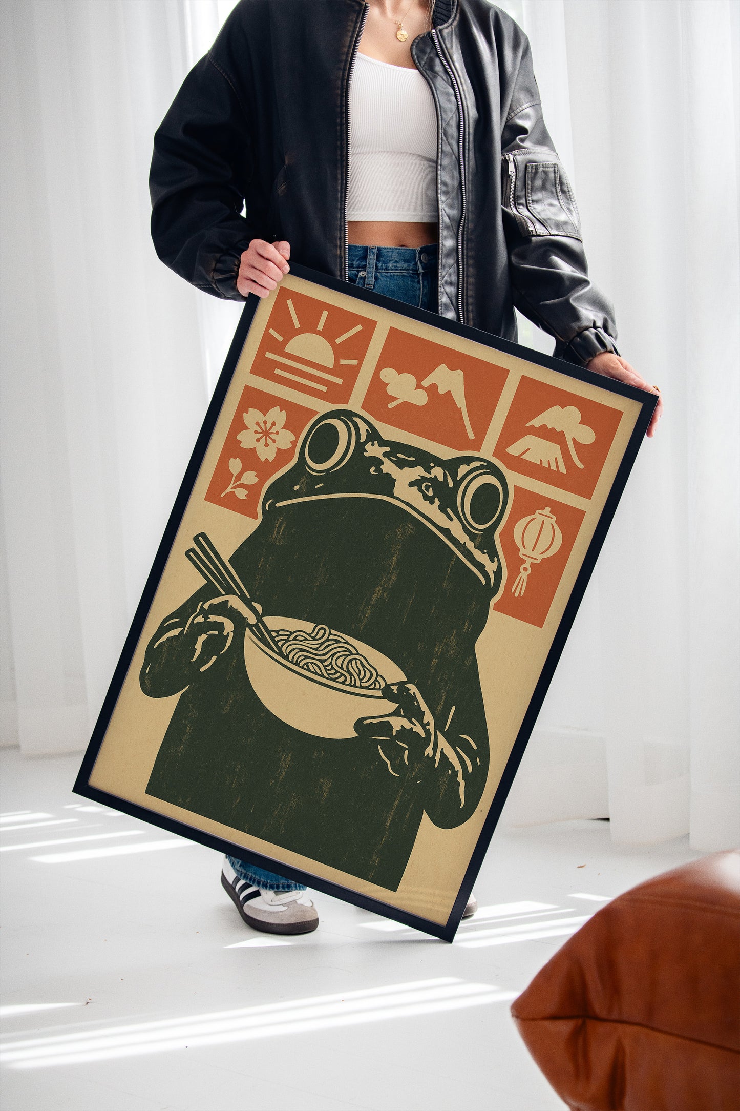 Ramen Frog in Retro Woodblock Style