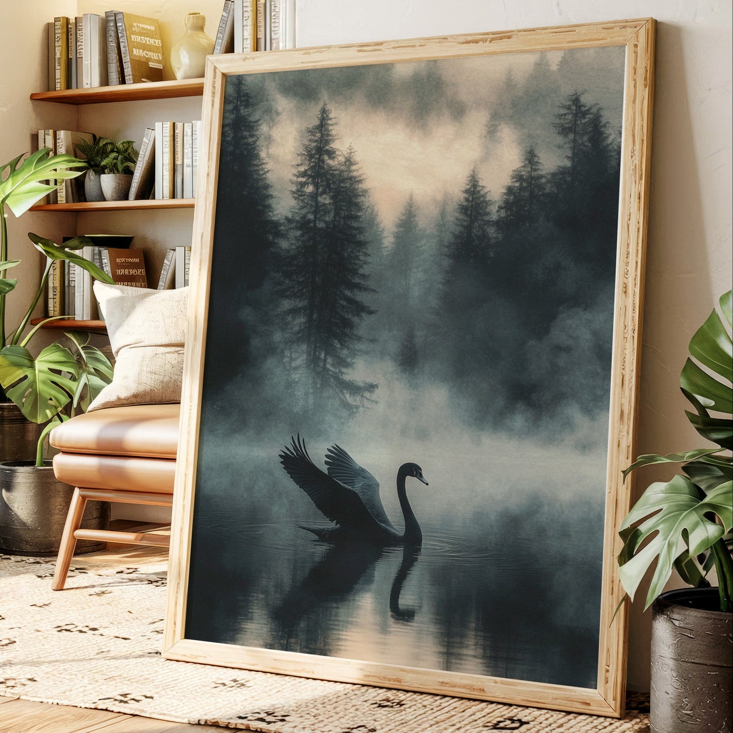 Black Swan in the Forest Mist