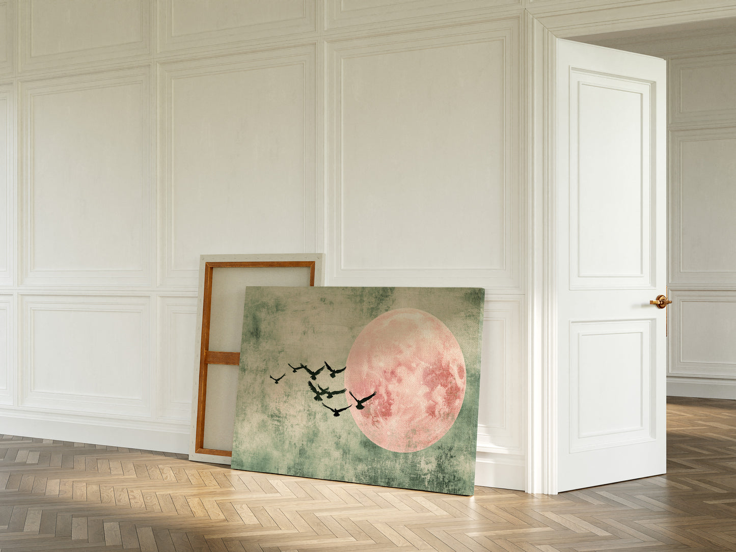 Pink Moon Wall Art – Minimalist Birds in Flight Print