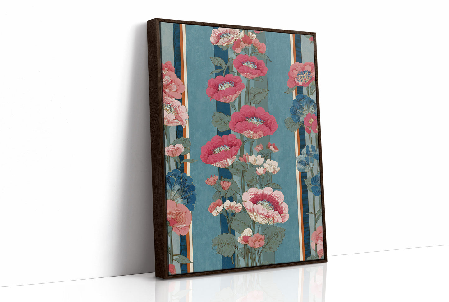Hot Pink Blooms on Faded Blue
