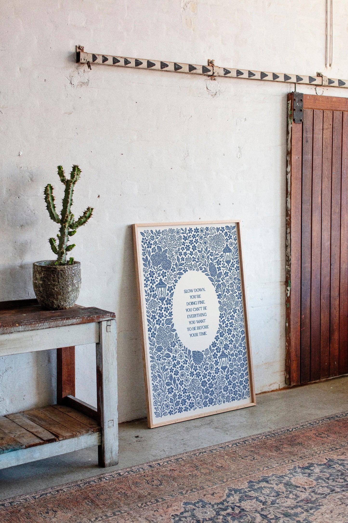 Blue Floral Lantern Quote Print – Slow Down, You’re Doing Fine
