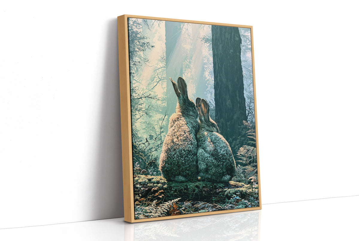 Two Rabbits in Morning Light — Close-Up Forest Painting