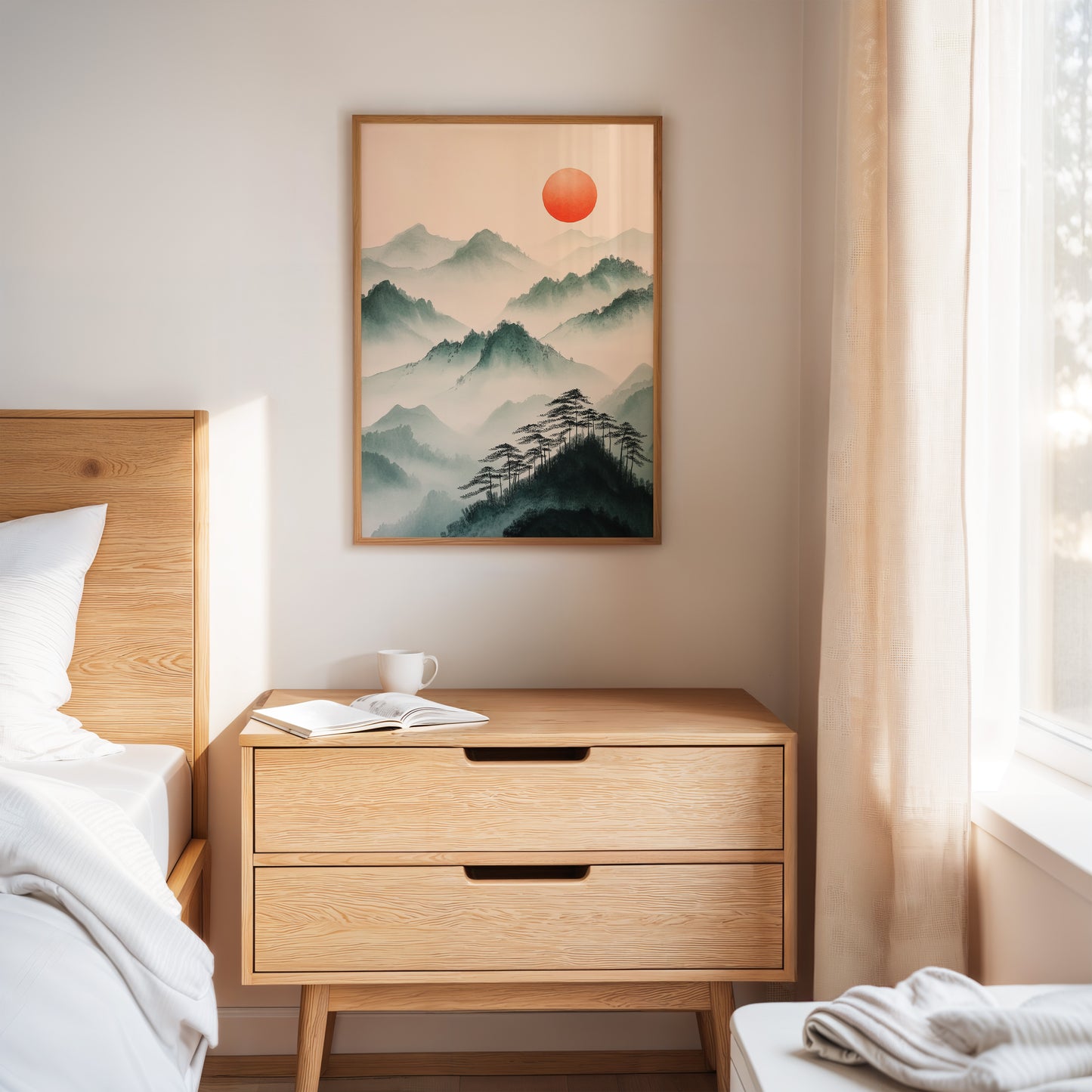 Misty Mountain Sunrise – Tranquil Asian-Inspired Landscape Print