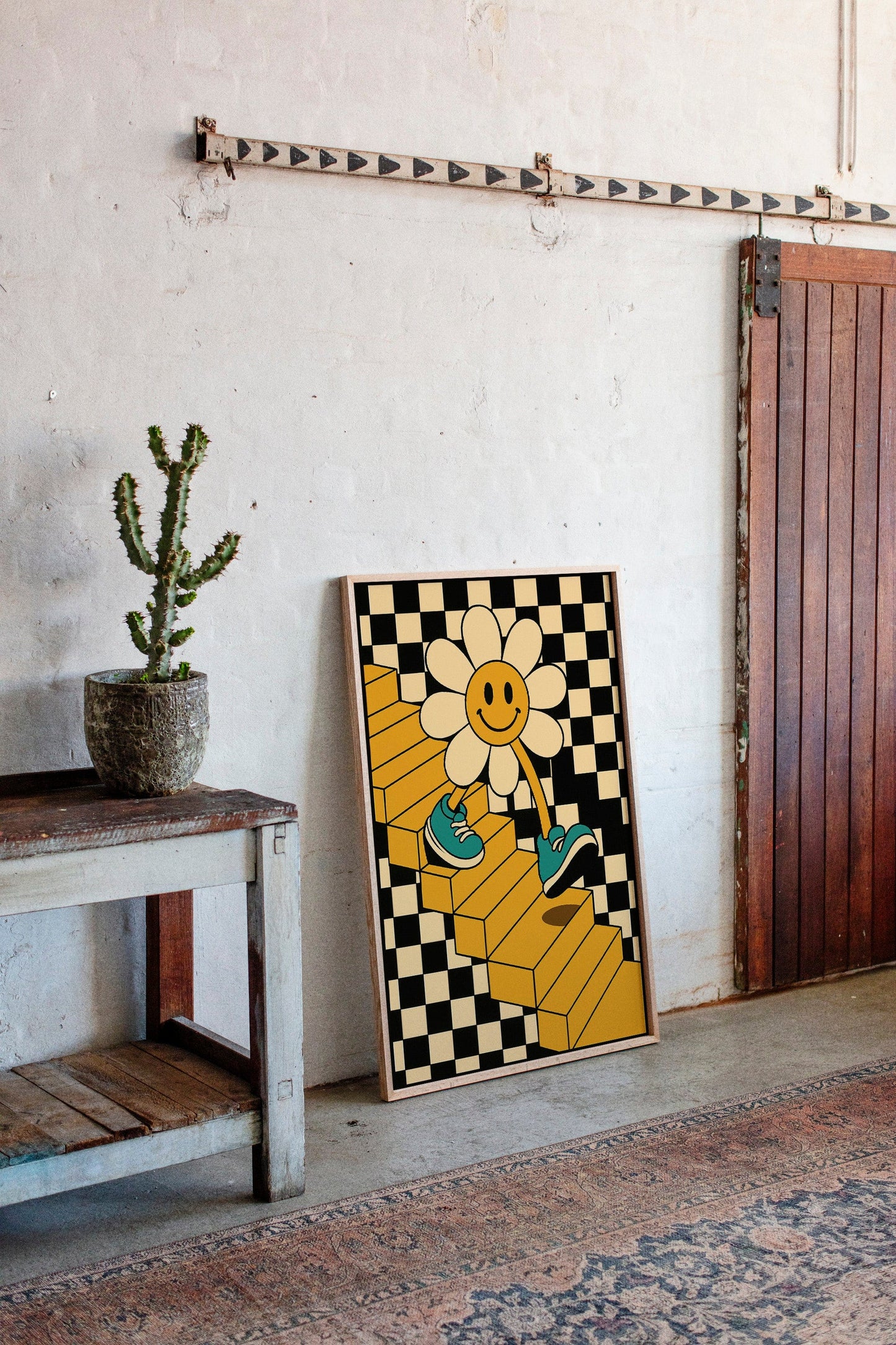 Groovy Daisy Vibes – Retro Checkerboard Flower Print